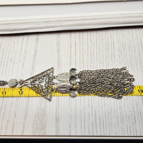 Silver Tone Layered Pendant Tassel Chain Necklace Statement Triangle Textured - Picture 6 of 6